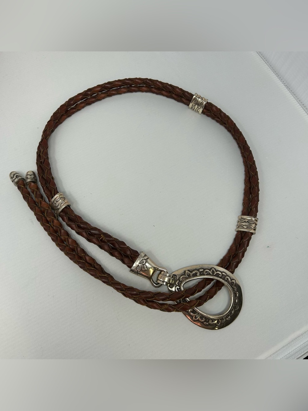 Vintage 90s Brighton Braided Belt Western Brown Leather Lariat Pewtertone 46”